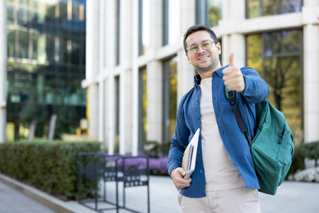 A smiling student with a thumbs-up gesture, wearing a backpack and holding a notebook, stands in front of a modern building.の写真素材