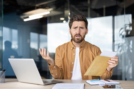 A concerned businessman holds an envelope with documents, looking perplexed at his office desk.