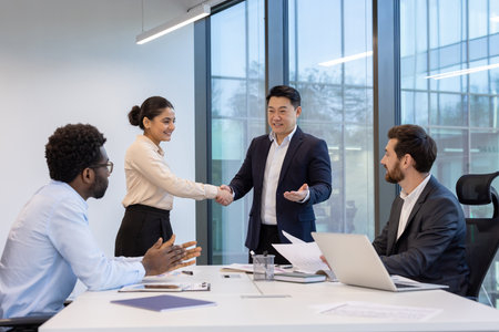 Business people shaking hands, sealing a deal in a modern office setting. Collaboration and teamwork are emphasized in this professional scene.の写真素材