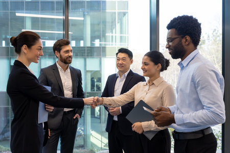 A diverse group of business people shake hands in an office setting, symbolizing agreement and teamwork.の写真素材
