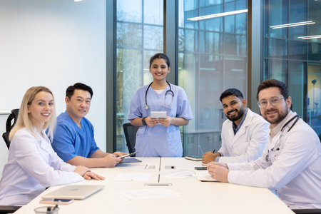 A team of diverse medical professionals is gathered around a table in a modern office setting, smiling at the camera.の写真素材