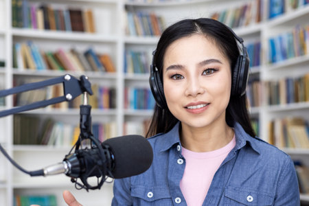 A young woman with headphones on speaks into a microphone in front of bookshelves, recording a podcast.の写真素材