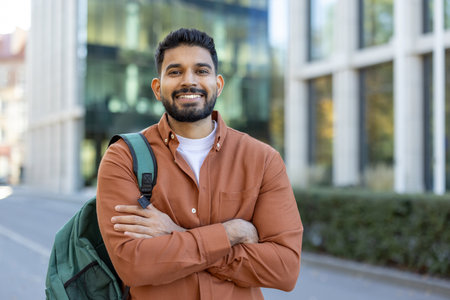 A smiling Indian student with a backpack stands confidently outside a modern building, with arms crossedの写真素材