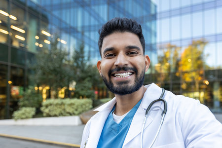 A smiling doctor stands in front of a modern building, wearing a lab coat and stethoscope. He looks directly at the camera.の写真素材