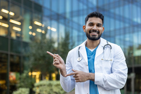 A smiling, Indian doctor points towards something with an urban background.の写真素材