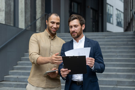 Two businessmen review documents outside a modern building, discussing business strategy and collaboration.の写真素材