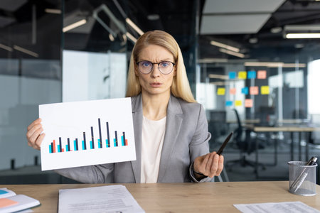 A frustrated businesswoman in a gray suit holds a chart with a negative trend, expressing concern with her expression.の写真素材