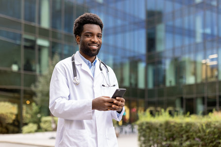 An African doctor in a white coat smiles while holding a smartphone in front of a modern building.の写真素材