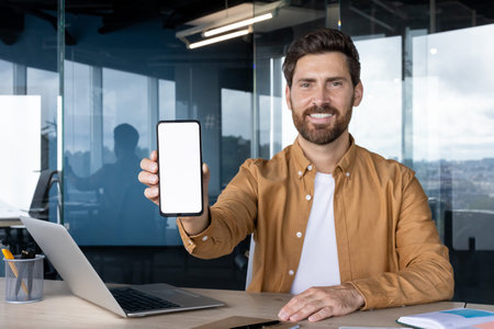 A smiling man in a brown shirt holds up a smartphone with a blank white screen, suitable for...