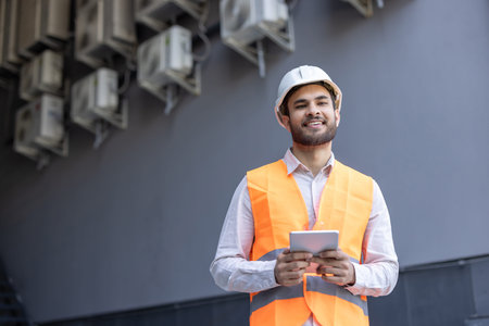 An engineer in a hard hat and safety vest holds a tablet while looking up with a smile.