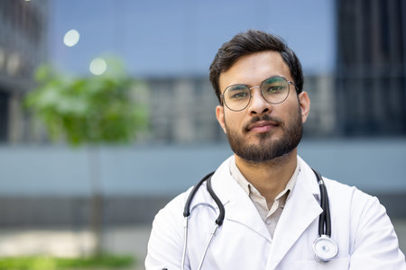 A portrait of a confident doctor stands outside, wearing glasses and a stethoscope, radiating...