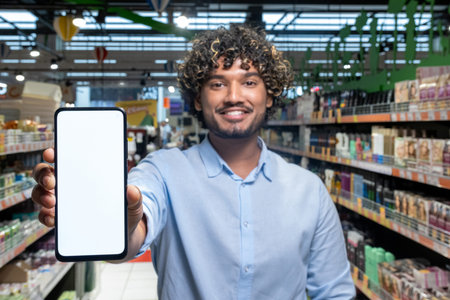 A smiling man in a grocery store holds up a blank smartphone screen, likely for advertising or app...