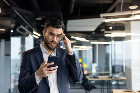 A businessman in a suit is looking at his phone with a look of confusion or concern in an office...