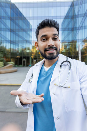 A friendly doctor in a video call using a phone app, presenting a modern clinic in the background, smiling at the cameraの写真素材