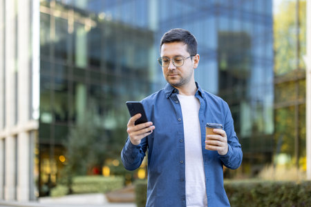 Man with glasses using a smartphone and holding takeaway coffee in an urban setting, blending casual and business attire. The background features modern office buildings, enhancing the corporate vibeの写真素材