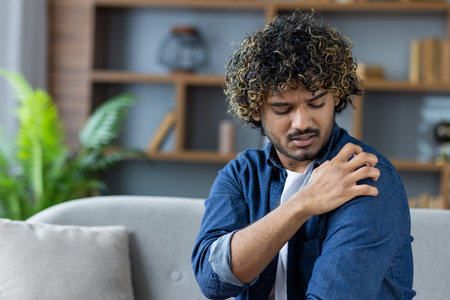A person appears to be experiencing discomfort and scratching their shoulder while indoors. The...