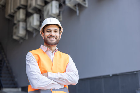 A cheerful construction worker, dressed in safety gear, poses confidently outdoors at a modern...