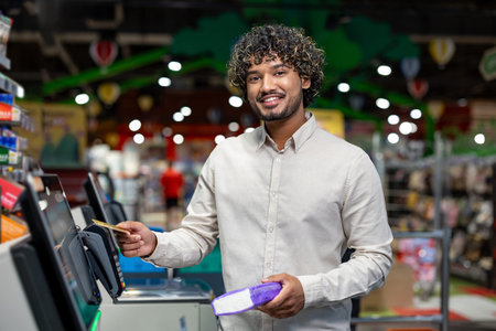 A cheerful man is seen working with a self-service checkout machine in a grocery store, holding a...