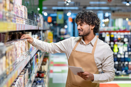 A grocery store employee stocks shelves while using a tablet. The image demonstrates modern retail...