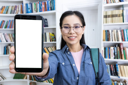 Smiling woman wearing glasses holding a phone with a blank screen while standing in a library with...