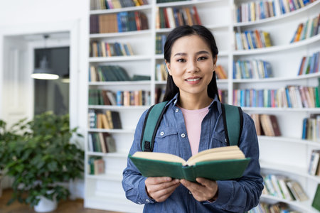 A young woman is smiling reading a book in a bright library setting. She carries a backpack,...