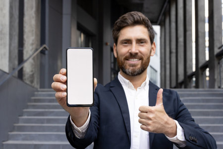 A confident businessman in formal attire presents a blank phone screen with a smile. Displaying a positive attitude, he gestures a thumbs-up on an urban staircase backdropの写真素材