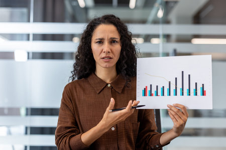 Depicts a concerned businesswoman presenting a performance chart in a modern office setting. The...