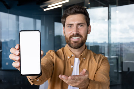 Man offering a smartphone with a blank screen while gesturing invitingly in an office. The...