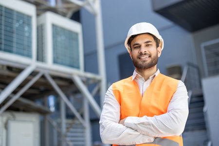 Smiling construction professional wearing an orange safety vest and white hard hat standing...