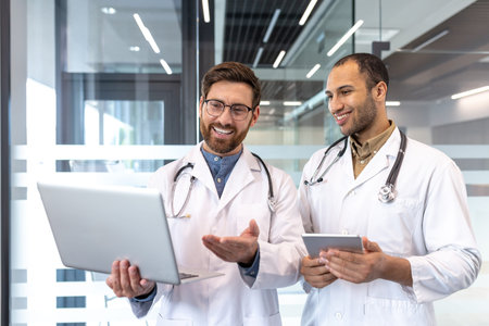 Two professional doctors in white coats discussing medical information on a laptop and tablet....