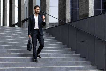 Businessman wearing a formal suit using his smartphone, walking, and carrying a bag outdoors,...