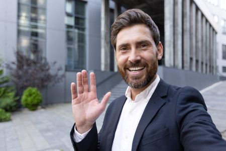 A cheerful businessperson in formal attire smiles and waves outside a modern building. The warm and...