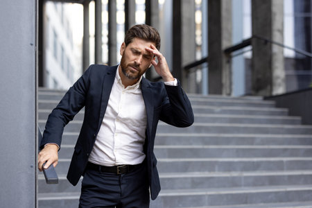 A professional man in a business suit outdoors, seemingly stressed and holding his head due to a headache. The urban backdrop emphasizes his business-oriented personaの写真素材