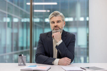 Professional businessman seated at a desk in a contemporary office environment, displaying a composed and introspective demeanor.の写真素材