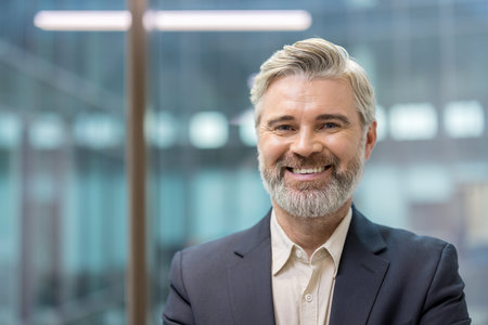 A mature businessman with a gray beard smiling confidently in a professional office setting.