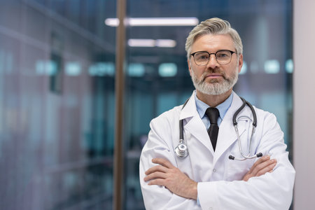 Experienced male doctor in professional attire, standing confidently at a modern healthcare facility.の写真素材