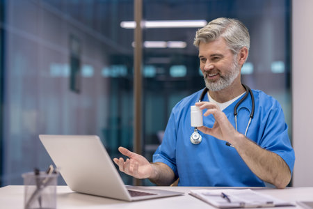 A medical professional in blue scrubs uses a laptop for virtual consultation, showcasing healthcare...