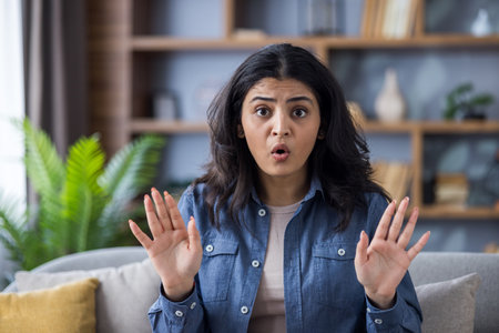 Close-up portrait of a young worried Indian woman sitting on the couch at home, looking at the camera and showing a stop sign with her hands.の写真素材
