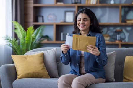 Happy young Indian girl sitting on the sofa at home and opening a received letter from an envelope.の写真素材