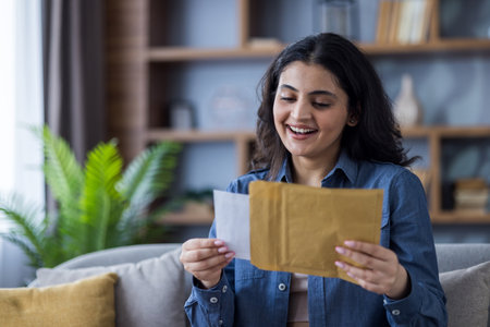 Happy young Indian girl rejoices at the letter she received, sits at home on the couch and opens the envelope.の写真素材
