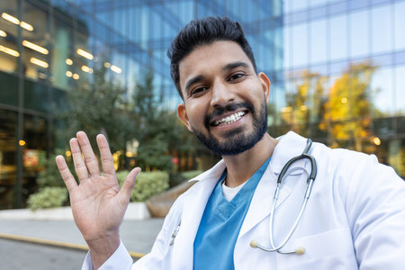 Portrait of a smiling indian doctor waving hand in front of a modern hospital building, radiating...