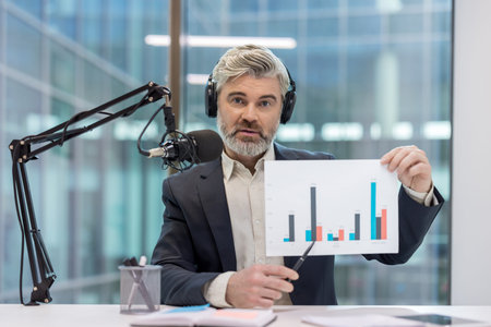 Businessman with headphones discussing financial report, pointing to a bar chart during an online webinar from a modern office, creating engaging digital contentの写真素材