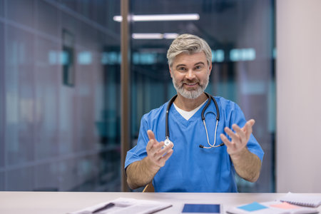 Male doctor in blue scrubs and stethoscope smiling while gesturing with hands, sitting at a desk in a medical office, providing telemedicine consultationの写真素材