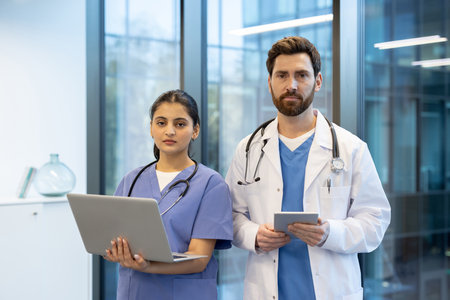 Male doctor in lab coat and female nurse in scrubs stand in clinic holding tablet and laptop, showcasing modern medical teamwork, digital tools and technological advancement in healthcareの写真素材