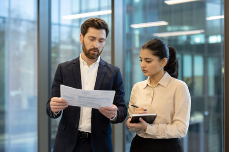 Two business professionals are collaborating, with a male executive holding documents and a female colleague taking notes in a modern office setting, showcasing teamwork and data analysisの写真素材