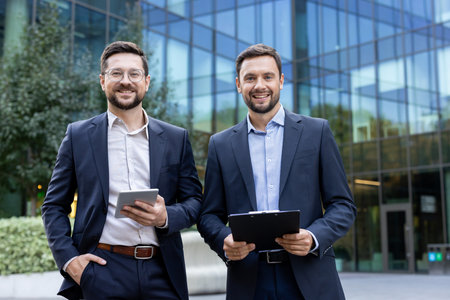Two smiling businessmen in suits standing together outside a contemporary glass-fronted office, one holding a tablet and the other a clipboard, representing successful teamwork and collaborationの写真素材
