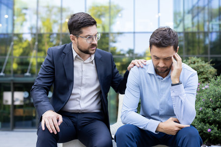 Man consoling upset colleague sitting outside office building, offering emotional support and empathy during a difficult professional or personal situationの写真素材