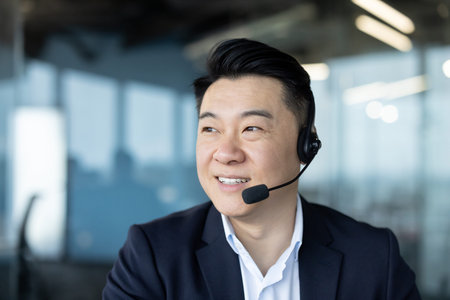 Close-up photo of a young Asian man in a headset and suit sitting at his workplace in the office and looking to the side, with a smile.の写真素材
