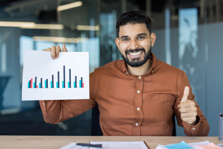 Young male professional holding up a business growth chart and giving a thumbs up gesture, signaling...