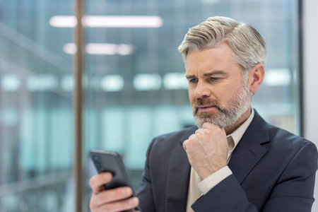 Mature corporate executive in a suit intently using a smartphone in a modern office, thinking and planning business strategy while checking messages and data for solutionsの写真素材